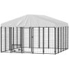 Welded Wire Outdoor Dog Kennel with 360° Rotating & 4 Levels Adjustable Bowls, Waterproof Cover, 9.8' x 9.8' x 6.8'