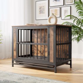 Dog Crate Furniture, Wooden Dog Crate Table, 32.8" Dog Kennel with 2 Sliding Doors and Thick Iron Door Frame, Decorative Pet Crate House for Medium/Sm