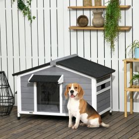 Wooden Cabin Style Outdoor Dog House with Openable Roof, Removable Bottom, Windows, Curtain, Foot Covers, Gray Wooden Cabin Style Outdoor Dog House with Openable Roof, Removable Bottom, Windows, Curtain, Foot Covers, Gray