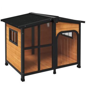 PawHut Outside Cabin-Style Wooden Dog House for Large Dogs with Openable Roof & Giant Window, Outdoor & Indoor Big Dog House, Asphalt Roof, Yellow (Color: as Pic)