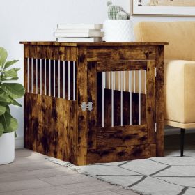 Dog Crate Furniture Oak Engineered wood, steel (Color: Smoked, size: 25.4 X 31.5 X 28.0 In)