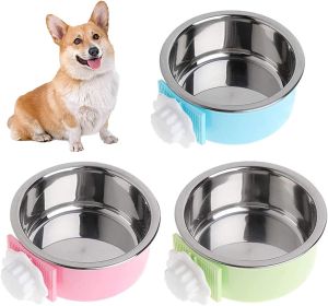 Crate Dog Bowl; Removable Stainless Steel Hanging Pet Cage Bowl Food & Water Feeder Cup for Puppy (size: Pink)